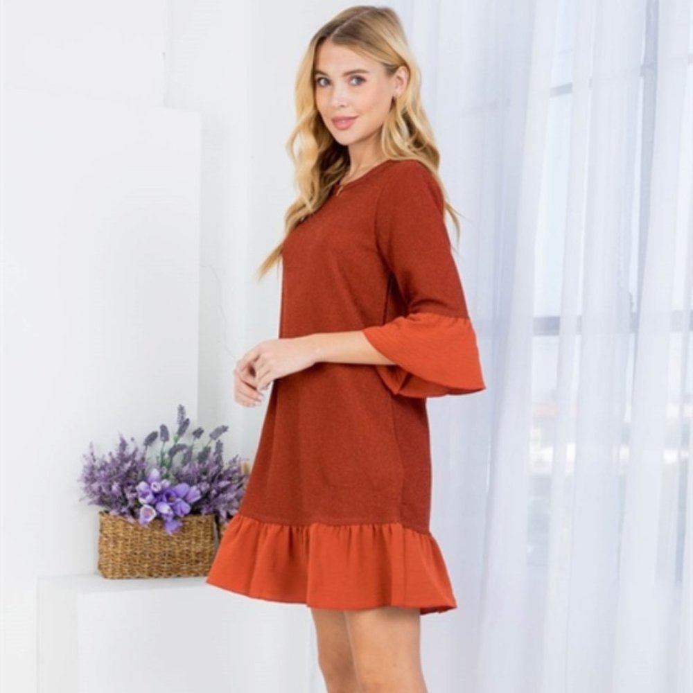 S M RUST ROUND NECKLINE RUFFLE HEM & SLEEVE MINI DRESS